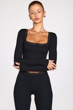 Chic Ribbed Modal Square-Neck Long-Sleeve Top in Black