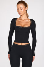Chic Ribbed Modal Square-Neck Long-Sleeve Top in Black