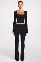 Chic Ribbed Modal Square-Neck Long-Sleeve Top in Black
