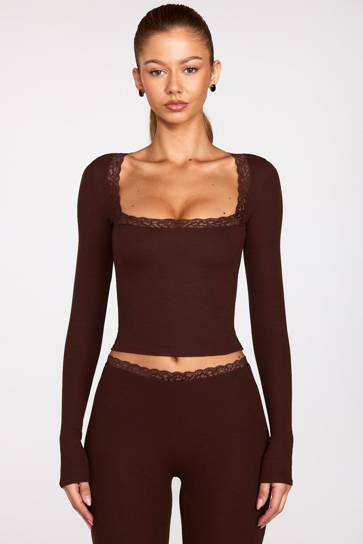 Chic Ribbed Modal Square-Neck Long-Sleeve Top in Chocolate Brown