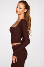 Chic Ribbed Modal Square-Neck Long-Sleeve Top in Chocolate Brown