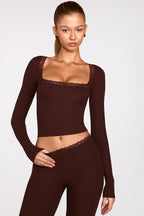 Chic Ribbed Modal Square-Neck Long-Sleeve Top in Chocolate Brown