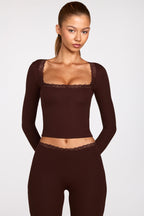 Chic Ribbed Modal Square-Neck Long-Sleeve Top in Chocolate Brown
