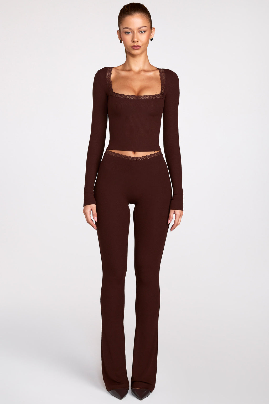 Chic Ribbed Modal Square-Neck Long-Sleeve Top in Chocolate Brown