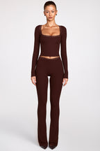 Chic Ribbed Modal Square-Neck Long-Sleeve Top in Chocolate Brown
