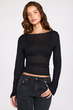 Chic Sheer Jersey Long-Sleeve Backless Top in Black