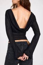 Chic Sheer Jersey Long-Sleeve Backless Top in Black