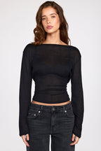 Chic Sheer Jersey Long-Sleeve Backless Top in Black