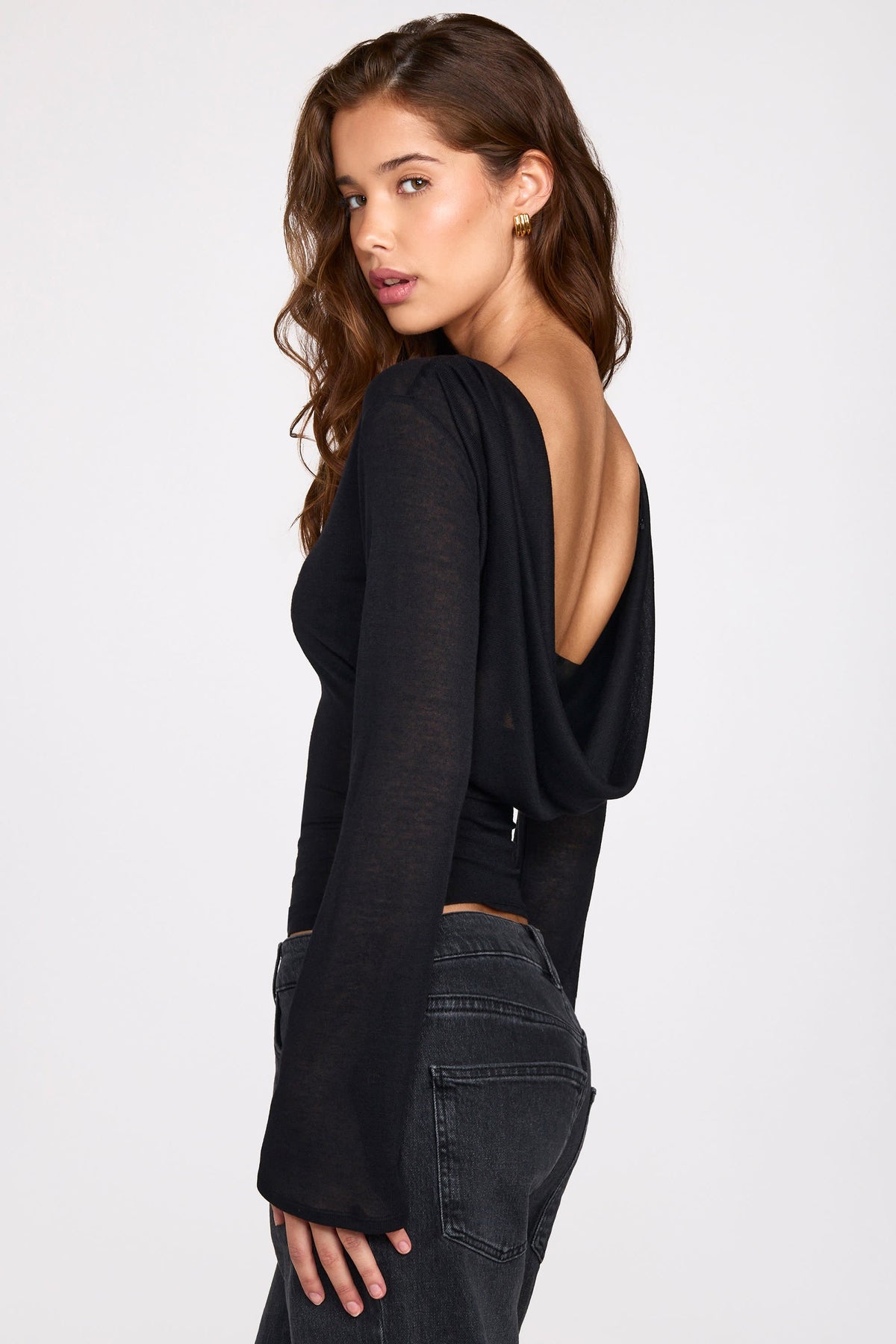 Chic Sheer Jersey Long-Sleeve Backless Top in Black