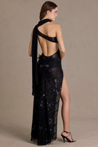 Chic Sequin Lace Scarf-Detail Maxi Dress in Black