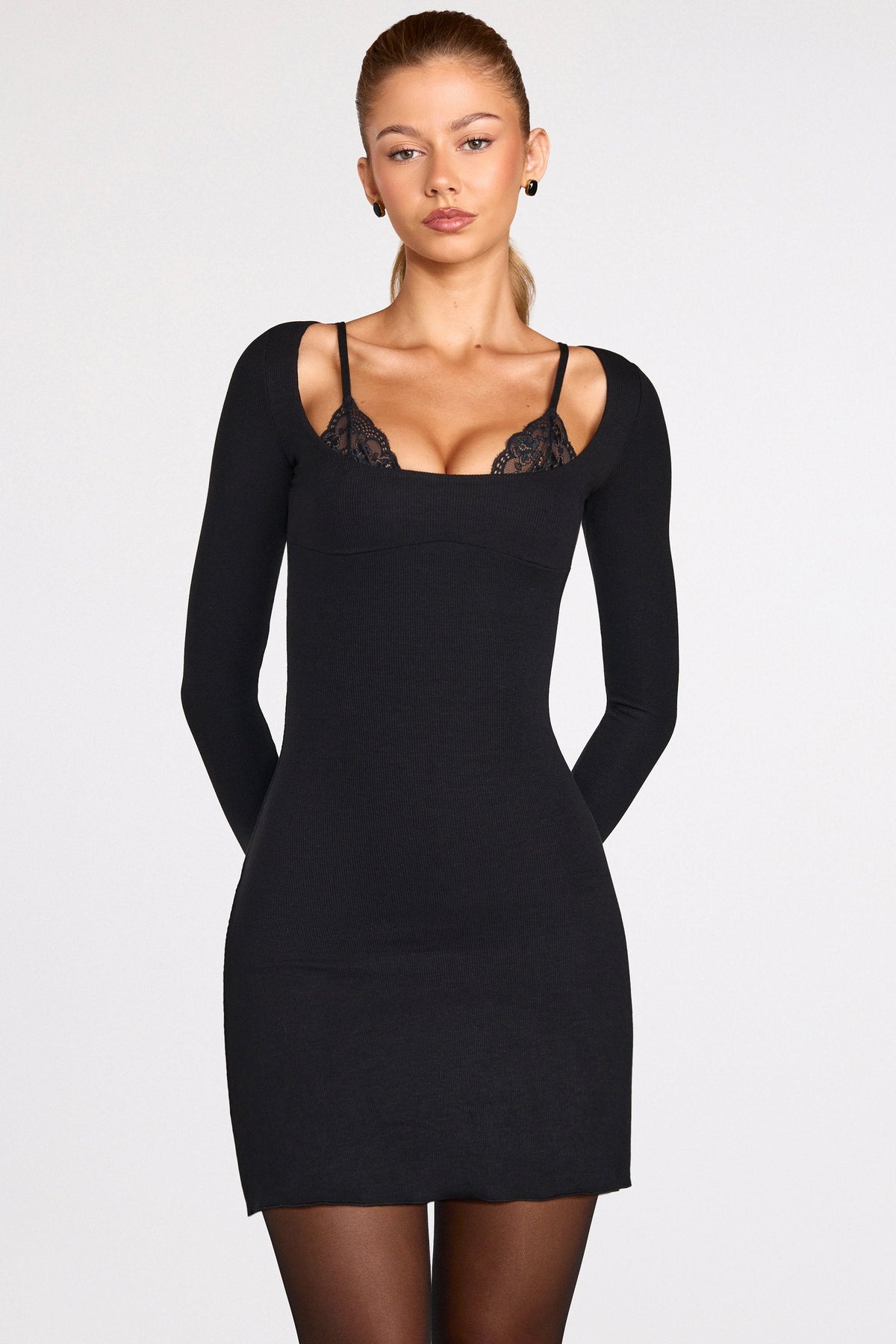 Chic Ribbed Modal Long-Sleeve Laced Bra Mini Dress in Black