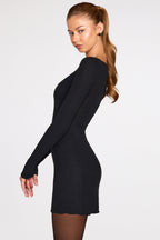 Chic Ribbed Modal Long-Sleeve Laced Bra Mini Dress in Black