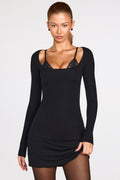 Chic Ribbed Modal Long-Sleeve Laced Bra Mini Dress in Black