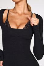 Chic Ribbed Modal Long-Sleeve Laced Bra Mini Dress in Black