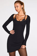 Chic Ribbed Modal Long-Sleeve Laced Bra Mini Dress in Black