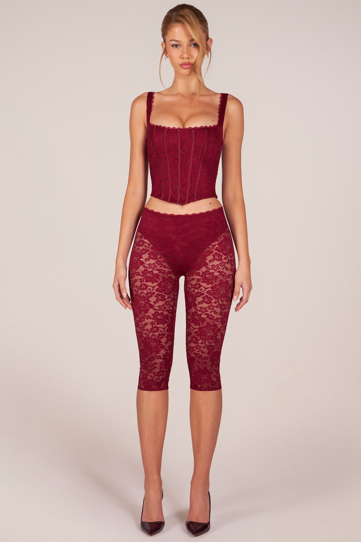 Chic Laced Capri Trousers in Cherry Red