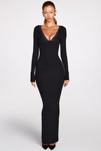 Chic Ribbed Modal Long-Sleeve Plunge Maxi Dress in Black