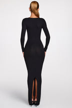 Chic Ribbed Modal Long-Sleeve Plunge Maxi Dress in Black
