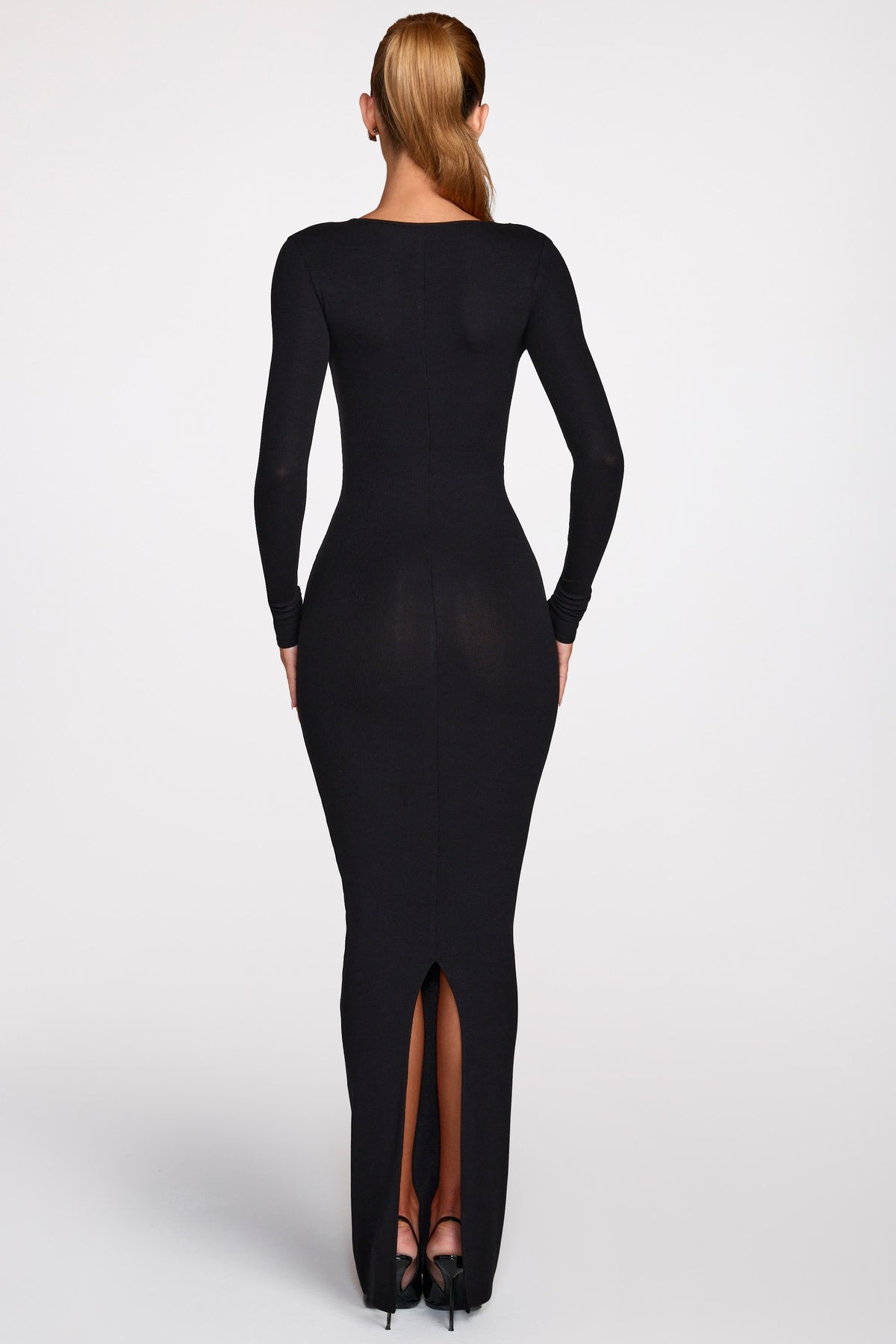 Chic Ribbed Modal Long-Sleeve Plunge Maxi Dress in Black