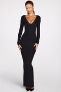 Chic Ribbed Modal Long-Sleeve Plunge Maxi Dress in Black
