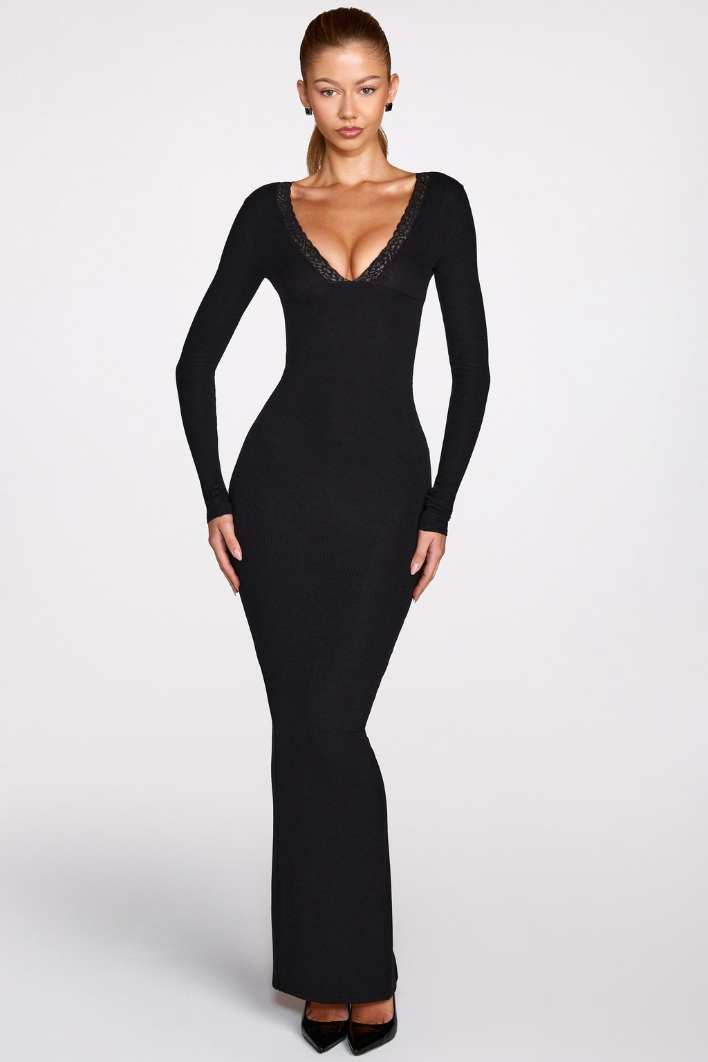 Chic Ribbed Modal Long-Sleeve Plunge Maxi Dress in Black