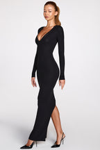 Chic Ribbed Modal Long-Sleeve Plunge Maxi Dress in Black