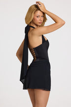 Chic Satin Draped Mini Dress in Black