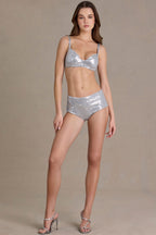 Chic Sequin Mesh Mid-Rise Mini Shorts in Diamond