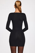Chic Ribbed Modal Long-Sleeve Draped Mini Dress in Black