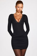 Chic Ribbed Modal Long-Sleeve Draped Mini Dress in Black