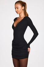 Chic Ribbed Modal Long-Sleeve Draped Mini Dress in Black