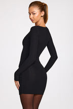 Chic Ribbed Modal Long-Sleeve Draped Mini Dress in Black