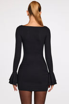 Chic Ribbed Modal Long-Sleeve Draped Mini Dress in Black