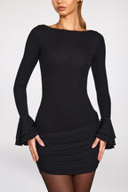 Chic Ribbed Modal Long-Sleeve Draped Mini Dress in Black
