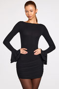 Chic Ribbed Modal Long-Sleeve Draped Mini Dress in Black