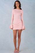 Chic Ribbed Modal Long-Sleeve Draped Mini Dress in Blush Pink