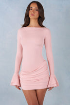 Chic Ribbed Modal Long-Sleeve Draped Mini Dress in Blush Pink
