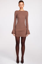 Chic Ribbed Modal Long-Sleeve Draped Mini Dress in Mocha