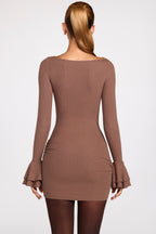 Chic Ribbed Modal Long-Sleeve Draped Mini Dress in Mocha