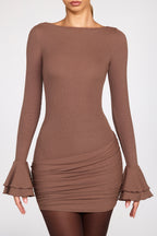 Chic Ribbed Modal Long-Sleeve Draped Mini Dress in Mocha