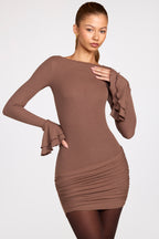 Chic Ribbed Modal Long-Sleeve Draped Mini Dress in Mocha
