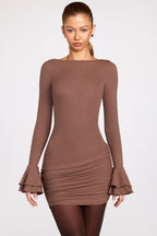 Chic Ribbed Modal Long-Sleeve Draped Mini Dress in Mocha