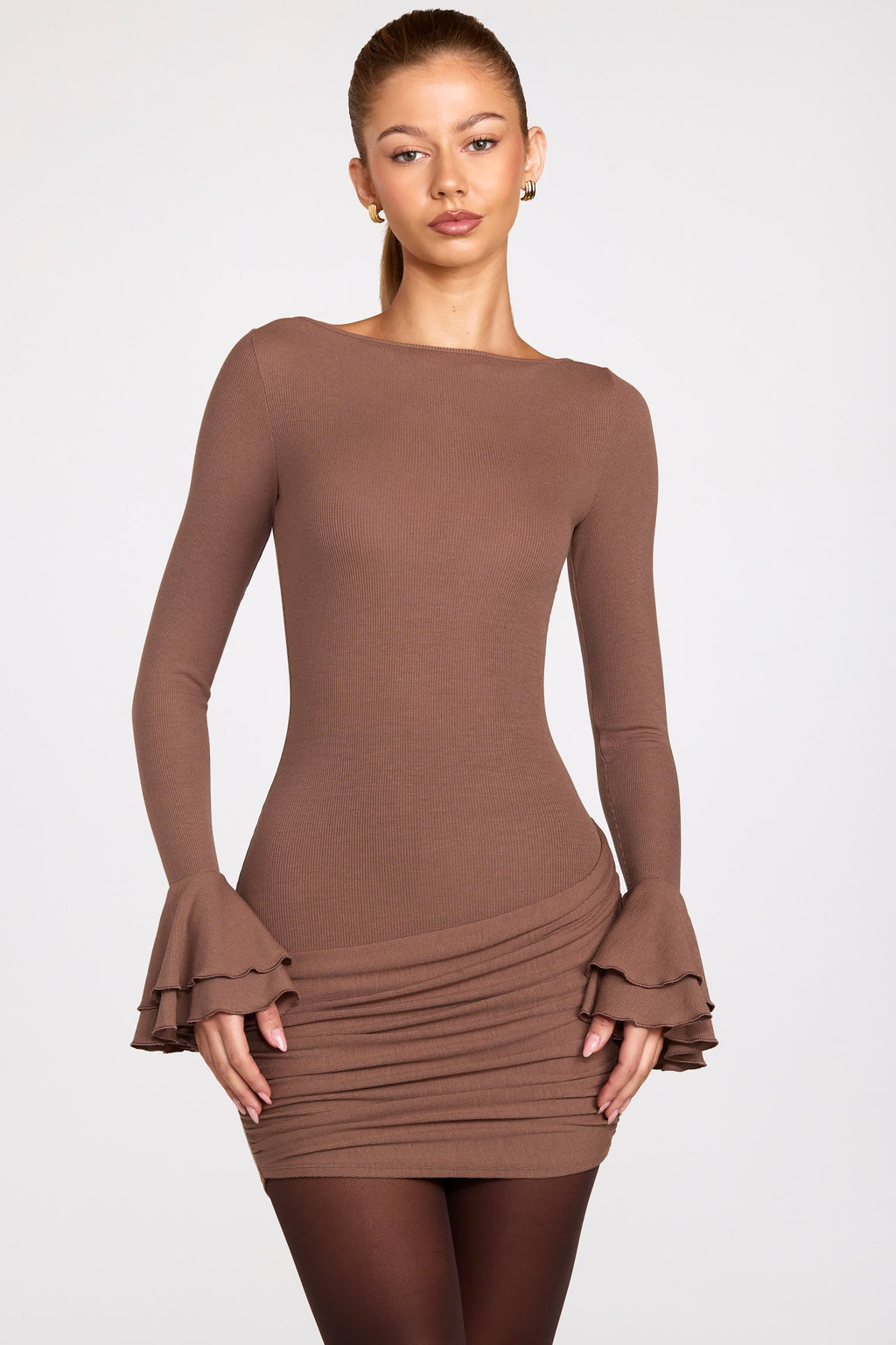 Chic Ribbed Modal Long-Sleeve Draped Mini Dress in Mocha