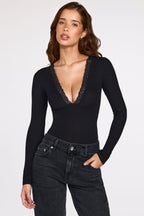 Chic Ribbed Modal Long-Sleeve Plunge Bodysuit in Black
