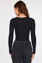 Chic Ribbed Modal Long-Sleeve Plunge Bodysuit in Black