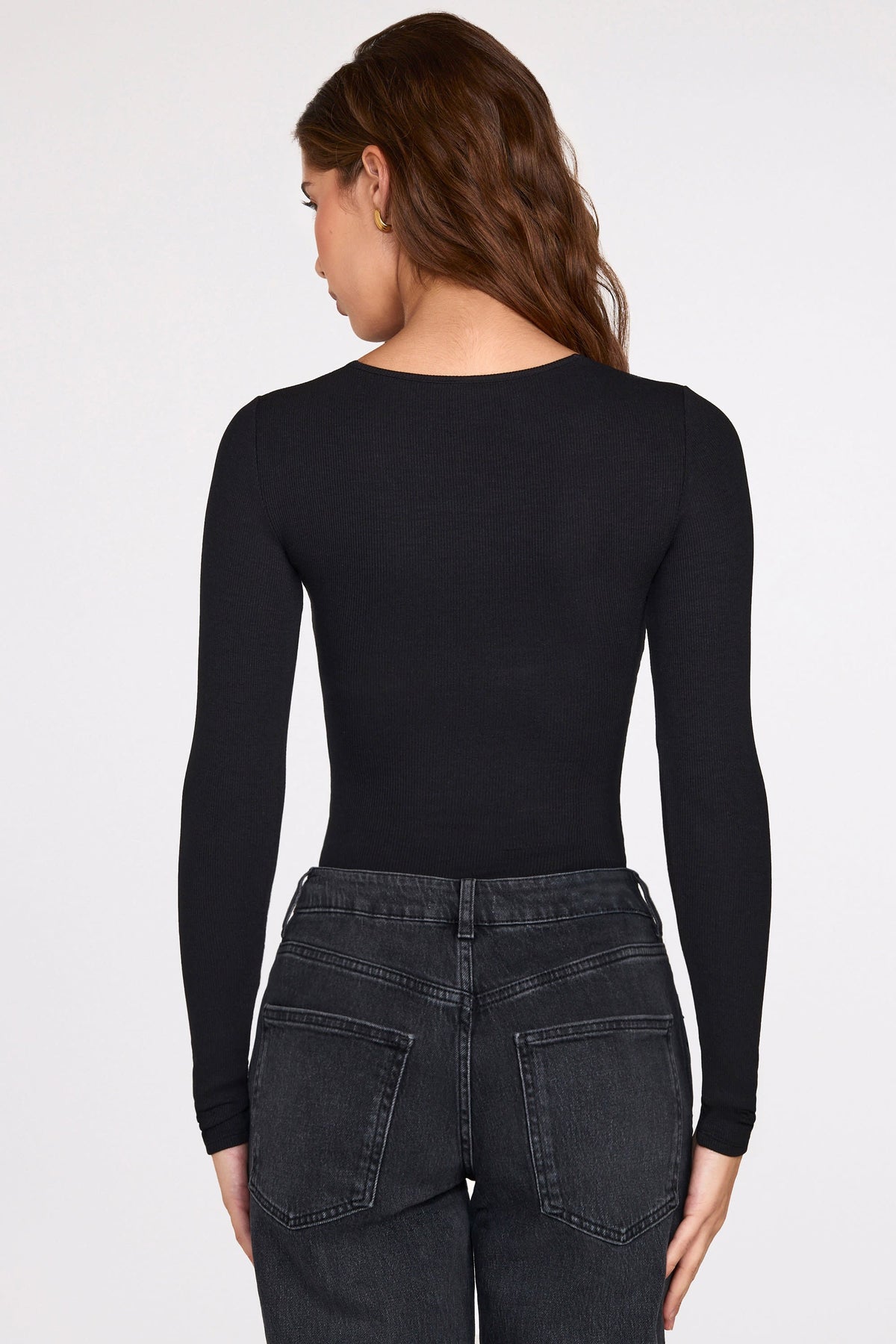 Chic Ribbed Modal Long-Sleeve Plunge Bodysuit in Black
