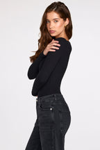 Chic Ribbed Modal Long-Sleeve Plunge Bodysuit in Black