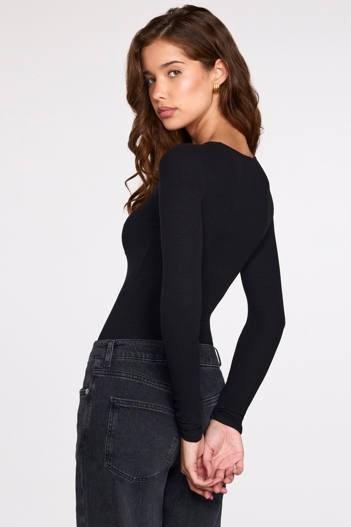 Chic Ribbed Modal Long-Sleeve Plunge Bodysuit in Black
