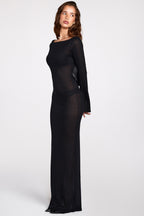 Chic Sheer Jersey Long-Sleeve Backless Maxi Dress in Black
