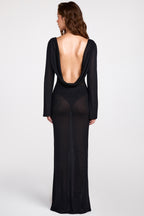 Chic Sheer Jersey Long-Sleeve Backless Maxi Dress in Black